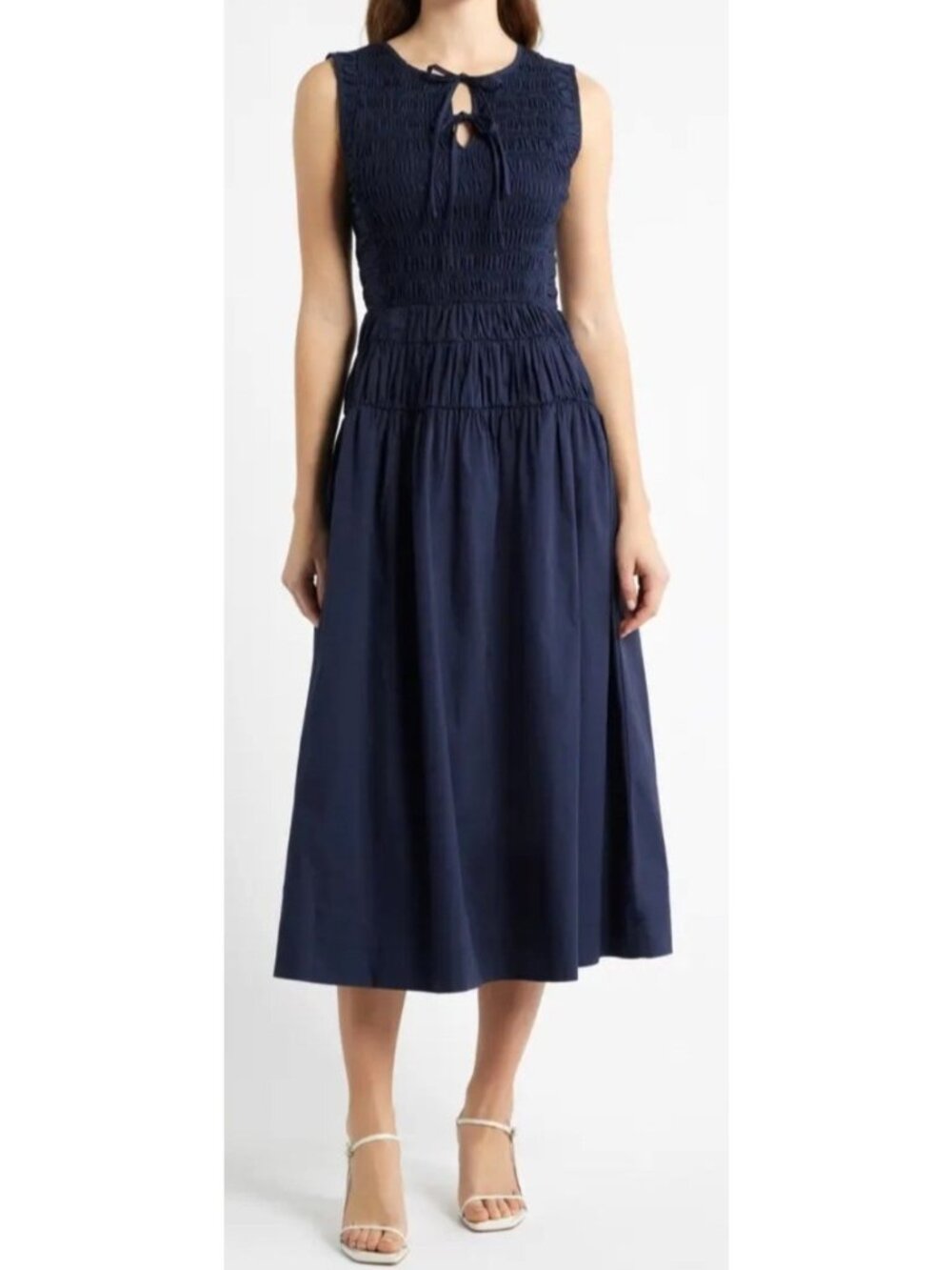 Moon River Women's Sz Medium Smocked Sleeveless Midi Dress With Tie Neck